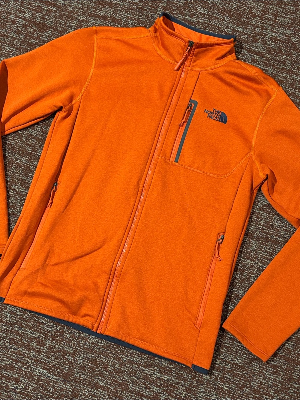 The north face skyline full zip fleece jacket logo stretch orange/navy small